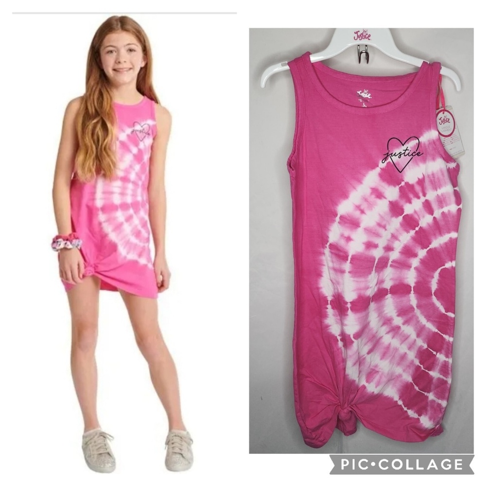 New Girls Justice Knot Front Tank Dress Deep Pink Tie Dye Sleeveless L 12 14